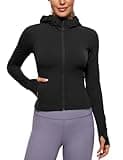CRZ YOGA Womens Butterluxe Full Zip Workout Hoodie Jackets Slim Fit Hooded Athletic Yoga Lightweight Jacket with Thumb Holes Black Small
