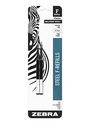 Zebra Pen Steel, F-Refill Ballpoint Ink Refills, 0.7mm Fine Point, Black Ink, Fits Zebra F-301, F-402, and F-701 Ballpoint Pens, Smooth Writing Performance, 2-Pack (85512)