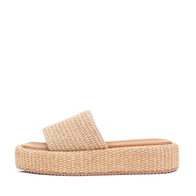 Monrovia Raffia Platform Sandals for Women – Woven Straw Espadrille Slides, Comfortable Flatform Slip On Summer Shoes, Vacation Beach Sandals, Casual Neutral Platform Flats Tan Size 8