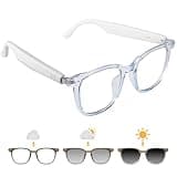 Smart Glasses for Women Men, Bluetooth Glasses with Photochromic Lenses Touch Control Voice Assistant for Clear Audio, Remote Photography, Clear Blue Frame and white legs, Perfect for Indoor Outdoor