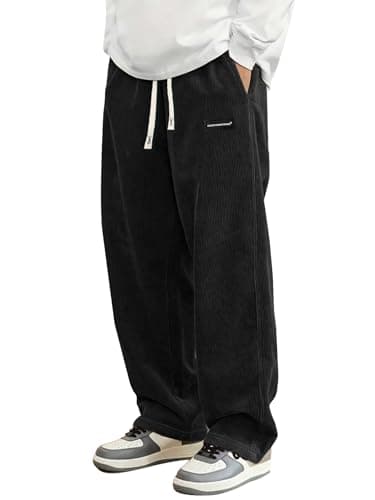 Hidkat Mens Corduroy Casual Pants Fashion Loose Fit Wide Leg Pants Straight Sweatpants Elastic Waist Drawstring Black