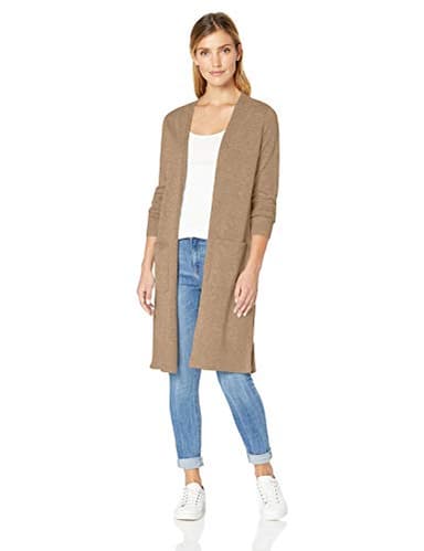 Amazon Essentials Women's Lightweight Longer Length Open-Front Long-Sleeve Cardigan Sweater, Camel Heather, Medium