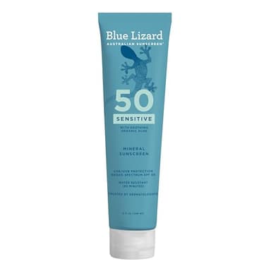 Blue Lizard Sensitive Mineral SPF 50 Sunscreen Lotion, 100% Mineral Sunscreen, UVA/UVB Protection, Infused with organic Aloe Vera, Soothes and Hydrates, 5 fl oz