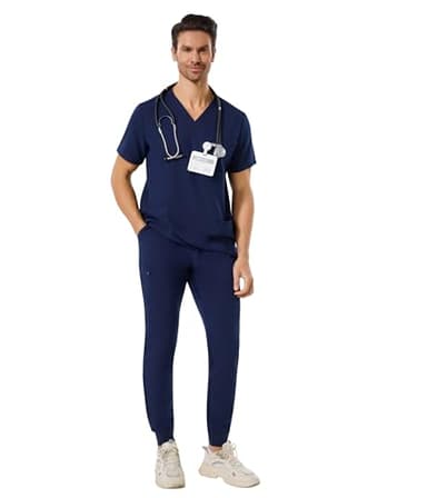 SUNCHIRI Men's Scrub Set - 4 Pockets Stretchy V-Neck Scrub Top & 5 Pockets Jogger Pants, Anti-Wrinkle Scrubs (Navy, L)