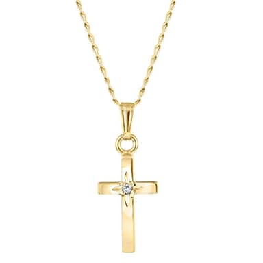 Child's & Kid's 14k (Karat) Yellow Gold Filled Cross W/ Accent Diamond Pendant Necklace, Children's Yellow Gold Cross Pendant On 13" (Inch) Long Chain Necklace, Child's Catholic Cross Pendant Necklace