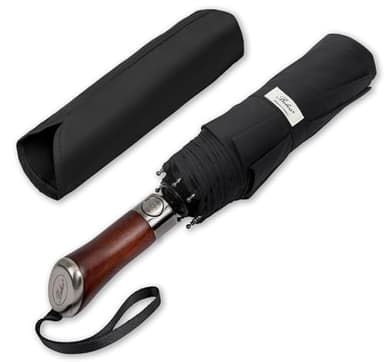 Balios (Designed in UK Travel Umbrella Luxurious Golden Hardwood Handle Auto Open & Close Windproof Frame Single Canopy Automatic Folding Umbrella Men's & Ladies (Jet Black)