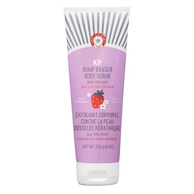 First Aid Beauty - KP Bump Eraser Body Scrub with 10% AHA, Keratosis Pilaris Exfoliator with Glycolic and Lactic acids, Helps Reduce Chicken Skin Bumps, Safe for Sensitive Skin, Strawberry Scent, 2 oz