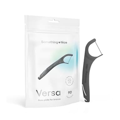 SOMETHING NICE Versa Floss Picks for Braces - Mint Flavored Flossers with Rubber Band Hook & Tongue Scraper, Braces Floss Picks with Xylitol for Protection 90-Pack