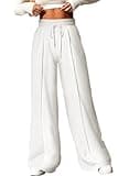 Aleumdr Wide Leg Sweatpants for Women Elastic High Waisted Drawstring Loose Pants with Pockets White X-Large