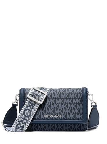 Michael Kors Jet Set Small Phone Crossbody Bag, Silver-Tone Hardware/Tonal MK Signature Nylon with MK Logo Webbing/Admiral/Pale Blue