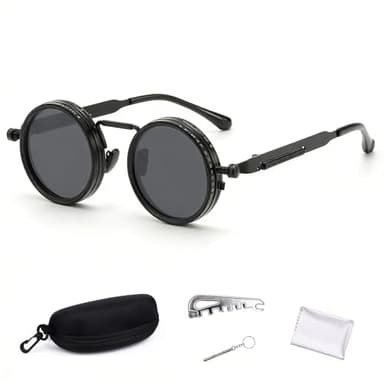 Fuoucsa Adjustable Tint Sunglasses for Men, 1–9 Gear Manual Dimming Polarized UV400, Retro Round Metal Frame Steampunk Sunglasses, Adjustable Glasses with Case & Adjustment Tools (Black)