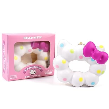 Hamee Hello Kitty Cute Mochi Donut SquiSHU Squishy Toys - Slow Rising Squishy Toy Keychain for Party Favors, Stress Ball, Birthday Gifts, Kawaii Squishy for Kids, Girls, Boys, Adults - White