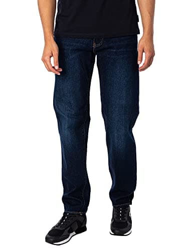 Armani Exchange Men's 5 Pocket Pocket Straight Denim, Dark Wash/Tobacco Stitching/Stretch Cotton, 30W x 32L Long