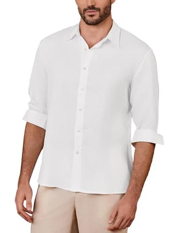 Kallspin Men's 100% Linen Button Down Shirts Classic Breathable Summer Beach Collared Shirts (White, XL)