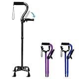 Adjustable Walking Cane for Men & Women with 4-Pronged Base for Extra Stability - Foldable Cane for Seniors with Foam Padded Offset Handle for Soft Grip & a Second Handle for Standing Black