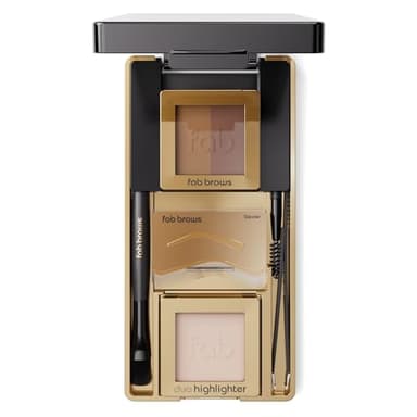 Fab Brows LUX Duo Stencil Eyebrow Kit - The Ultimate Brow Stencil Kit with Duo Brow Powder, Highlighter Powder, Stencil Shapes, Eyebrow Tools & Mirror - Eyebrow Stencil Kit Makeup - Light Brown/Medium