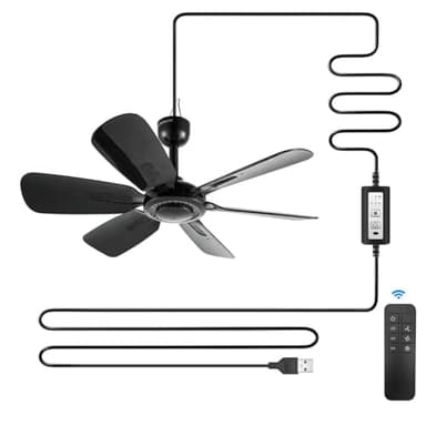 bestmoument 17.7" Inch Portable Ceiling Fan with Remote Control Timing 3 Speed,USB Plug In,5V DC Powered,6 Blades,Indoor/Outdoor RV Camping Tent Canopy,Gazebo,Beach,Hanging,Quiet,black