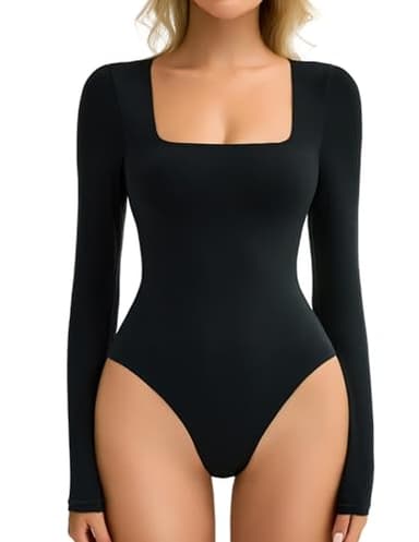 Avidlove Women's Long Sleeve Bodysuit Double Lined Square Neck Body Suit Tops Snap Closure Soft (Black, S)
