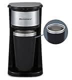 Elite Gourmet EHC112 Personal Single-Serve Compact Coffee Maker Brewer Includes 14Oz. Thermal Travel Mug with Stainless Steel Interior, Compatible with Coffee Grounds, Reusable Filter, Black