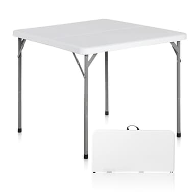 SUPER DEAL 3 Foot Square Folding Card Table, Indoor Outdoor Portable Plastic Heavy Duty Fold-in-Half Puzzles Camping Picnic Party Table with Carrying Handle, White