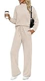 WIHOLL Travel Outfits for Women High Neck Basic Lounge Set Wide Leg Pants Loungewear Two Piece Workout Sets Vacation Airport Outfits Women's Track Suit Fall Winter Going Out Clothing Beige M