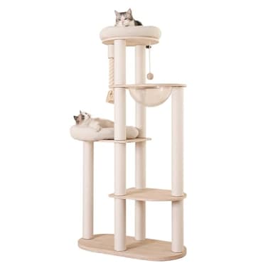 59" Modern Cat Tree Multi-Level Large Cat Tower Heavy Duty Wooden Cat Tree with Hammock,Cotton Scratching Post and Washable Cushions