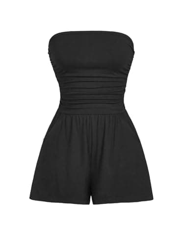 AUXDIO Women Summer Casual Strapless Romper Sleeveless Off Shoulder Short Jumpsuits 2026 Beach Vacation Clothes Black Large