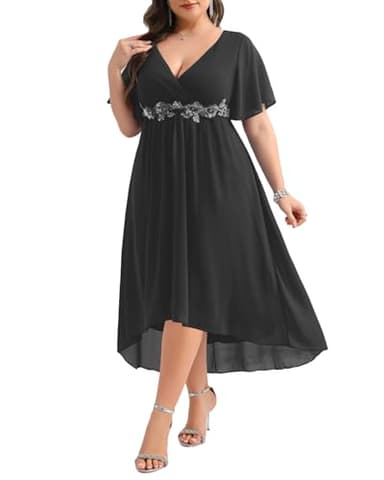 Talisea Black Dress Plus Size Wedding Guest Cocktail Formal Chiffon Appliques V Neck Short Sleeve High Low Dresses Women