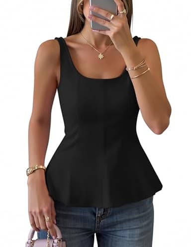 ZESICA Women's Summer Sleeveless Tops 2026 Square Neck Business Casual Tank Tops Slim Fitted Peplum Babydoll Blouses Black Large