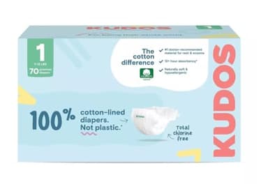 Kudos Chlorine Free Cotton - Lined Premium Diapers - Size 1, 70 Count, 7-12 lbs - (Pack of 1)