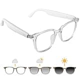 Smart Glasses for Women Men, Bluetooth Glasses with Photochromic Lenses Touch Control Voice Assistant for Clear Audio Remote Photography, Transparent frame and white legs, Perfect for Indoor Outdoor