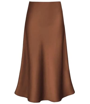Modegal Women's Satin High Waist Hidden Elasticized Waistband Flared Casual A Line Midi Skirt (Brown, Small)