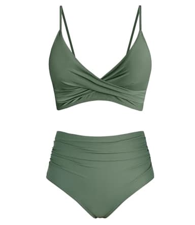 Amy Babe Women's High Waisted Bikini Sets Push Up Twist Front Spaghetti Straps Ruched Two Piece Swimsuit Bathing Suit Olive (Medium)