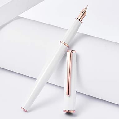 HongDian 920 White Metal Fountain Pen, Gold Plated Fine Point and Trim Classic Pen with Ink Converter, Smooth Writing Pen