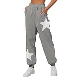 Free People Dupes, Free People Pants Dupe, Scene Pants, Yoga Pants Women Lounge Star Printed Sweatpants Comfy High Waisted Athletic Jogger Drawstring Bottom Pants Trousers, Light Blue,Small
