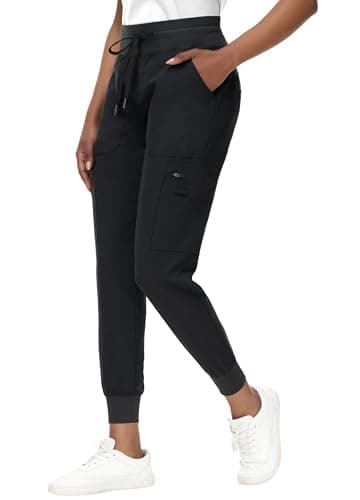 MIVEI High Waisted Jogger Style Scrub Pants for Women - 8 Pockets Medical Bottoms Tapered Yoga Waistband Ribbed Ankle Cuffs Black