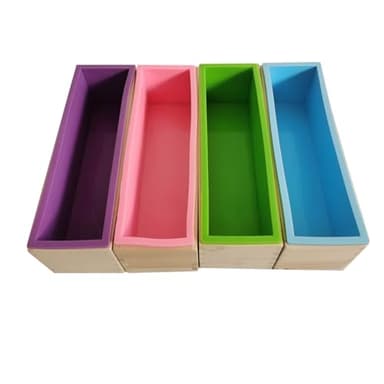 Ziliny 4 Pcs Flexible Rectangular Soap Mold Silicone Molds with Wood Box Soap Loaf Making Supplies DIY Tool for Making Craft(Purple, Green, Blue, Pink)