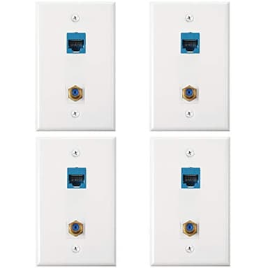 4 Pack Ethernet Coax Wall Plates, Cat6 Coax Wall Plate with Ethernet Port and Gold-Plated TV Coax Cable F-Type Port (Blue)