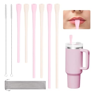 6 Pcs Anti Wrinkle Straw, Flat Wide Drinking Straw Compatible with Stanley 40 oz & 30 oz, Reusable Flexible Wrinkle Long Drinking Straws with Cleaner Brush, Perfect for Lip Filler