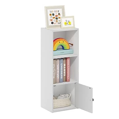 Furinno LUDER Book Shelf, 3-Tier Modern Bookshelf, Bookcase with 1 Door Storage Cabinet, 9.3 x 12 x 31.5, for Living Room, Bedroom, Home Office, White