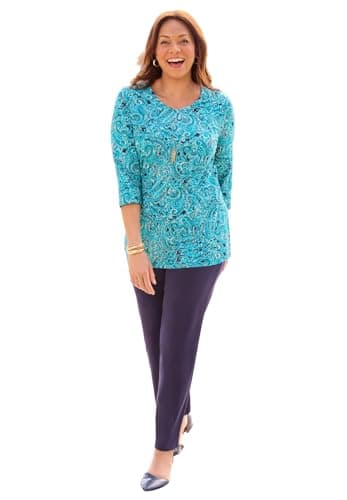 Catherines Women's Plus Size Suprema 3/4 Sleeve V-Neck Tee - 1X, Teal Paisley Print