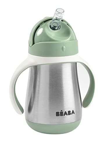 Beaba Stainless Steel Straw Sippy Cup, Insulated Toddler Cups Spill Proof with Removable Handles, Made with High Grade Stainless Steel, 8+ Months, 8 oz (250mL), (Sage)