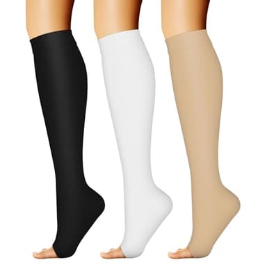 CHARMKING 3 Pairs Open Toe Compression Socks for Women & Men Circulation 15-20 mmHg is Best for All Day Wear Running Nurse (02 Black/White/Beige, S/M)