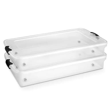 HOMZ 2-Pack Under Bed Storage, Clear Plastic Containers with Lids, 60 Quart, Gray Latch - Stackable Underbed Organizer Bins for Shoes, Bags, Clothes, and Towels