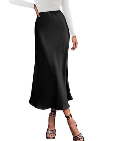 BTFBM 2026 Summer Womens Skirts Silk Elegant High Waist Flowy Long Satin A-Line Midi Skirt Cocktail Wedding Party(Black, Small)