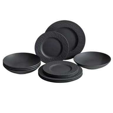 Villeroy & Boch Manufacture Rock 12-Piece Dinnerware Set, Service for 4, Dinner Plates, Salad Plates & Pasta Bowls, Premium Porcelain, Made in Germany, Matte Black