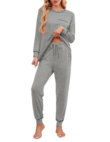 Becotal Soft Cotton Pajamas for Women Set 2 Piece Lounge Set Crewneck Long Sleeve Top and Jogger Pants Loungewear with Pocket Comfy Sleep Shirts Grey M