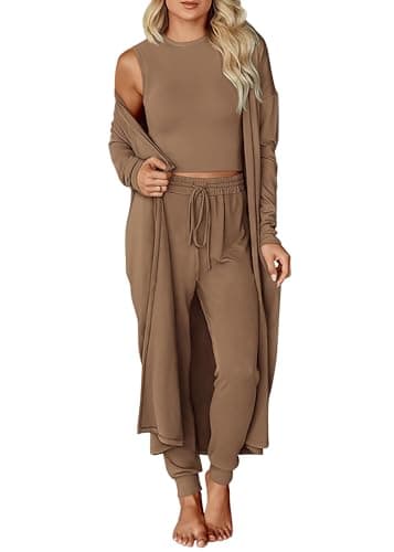 KIRUNDO 3 Piece Lounge Sets for Women Airport Travel Vacation Outfits Spring Cardigan Matching Sleeveless Top Jogger Pants(Khaki, Large)