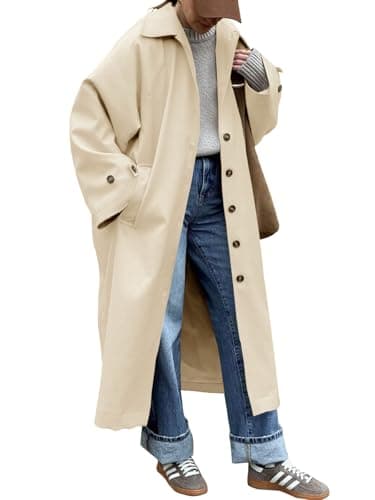 Tankaneo Womens Long Trench Coat Single Breasted Oversized Windproof Classic Lapel Fall Overcoat