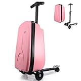 iubest Luggage Carry On Scooter Suitcase for Kids Age 4-15, Detachable & Foldable 4 in 1 Suitcase, Multifunctional Ride On Travel Trolley Scooter Combo-Pink